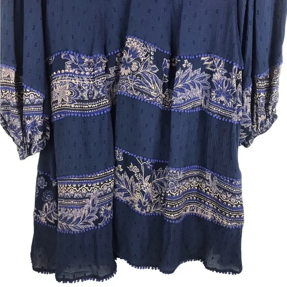 Free People My Love Mini Dress Sz Small S Indigo Blue Pom Pom Paisley Boho Chic - Picture 9 of 15